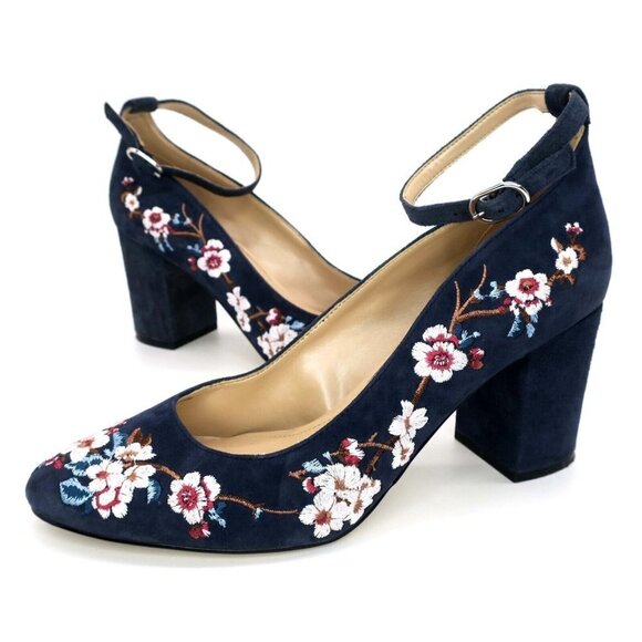 White House Black Market Bethany Blue Suede Embroidered Floral Block Heels 9.5M - Picture 2 of 5